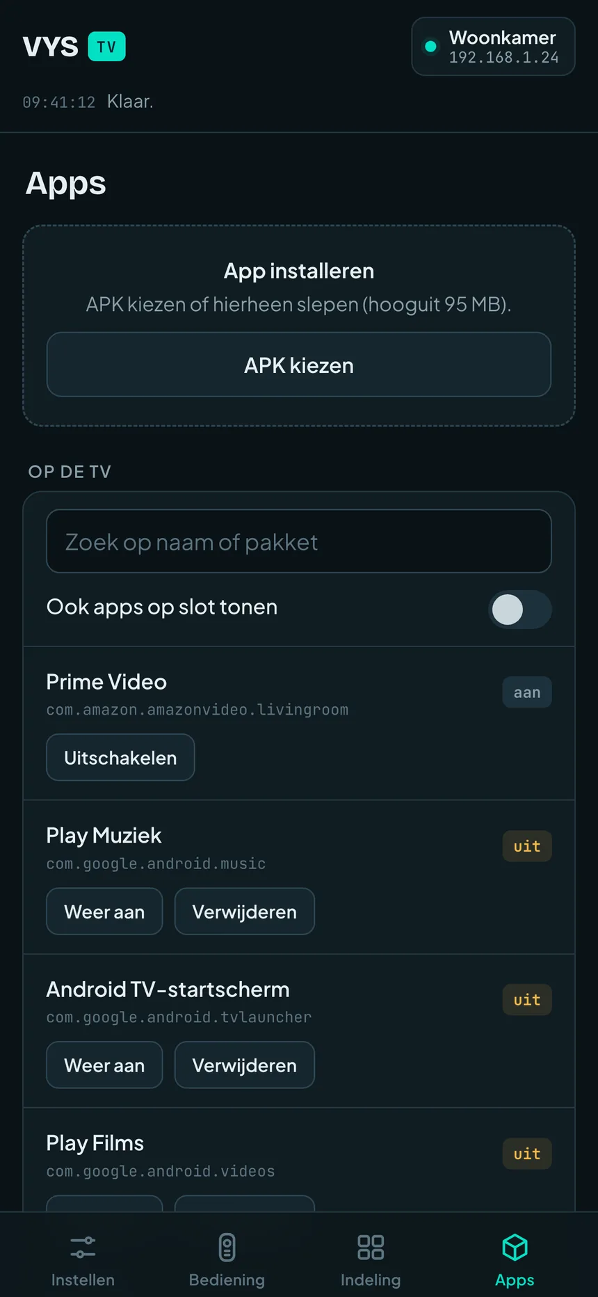 Apps: Apps uit- en aanzetten of zelf een app installeren.